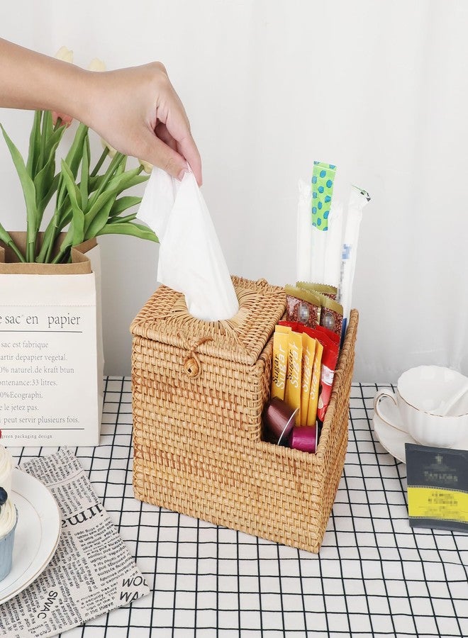 Sumnacon Tissue Box Square Tissue Box Cover with Storage Rattan Tissue Box Holder with 2 Side Organizer,Wicker Tissue Cover Cube Tissue Holder for Bathroom Living Room Table Desk Office - Image 3